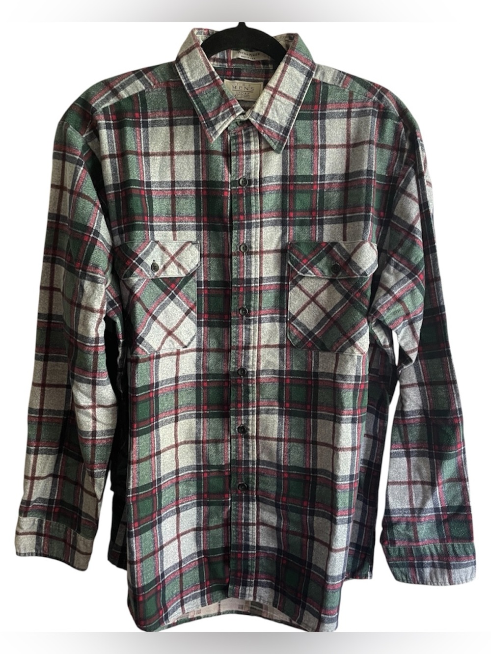 VINTAGE Sears Perma-Prest Green Gray Plaid Flannel Grunge Shirt Mens XL USA